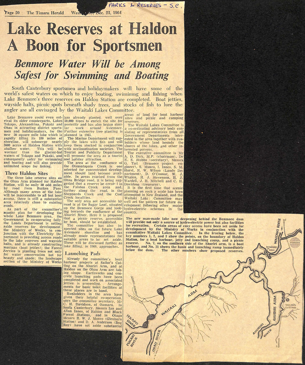 Lake Reserves at Haldon A Boon For Sportsmen, Benmore Water Will be Among Safest for Swimming and Boating