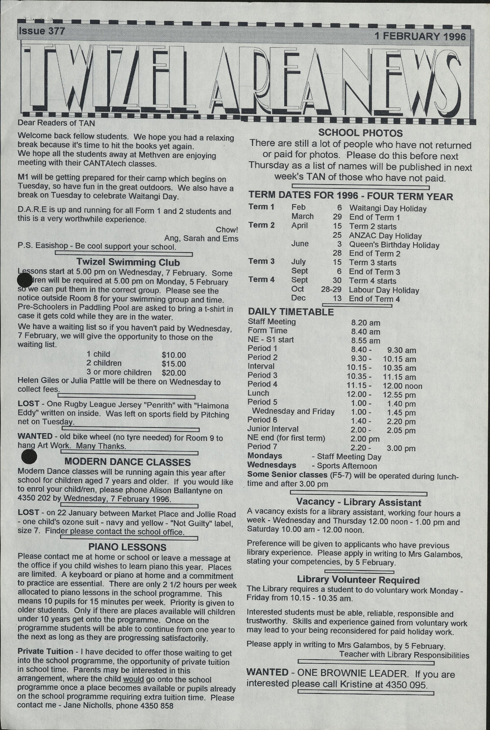1996 Twizel Area News