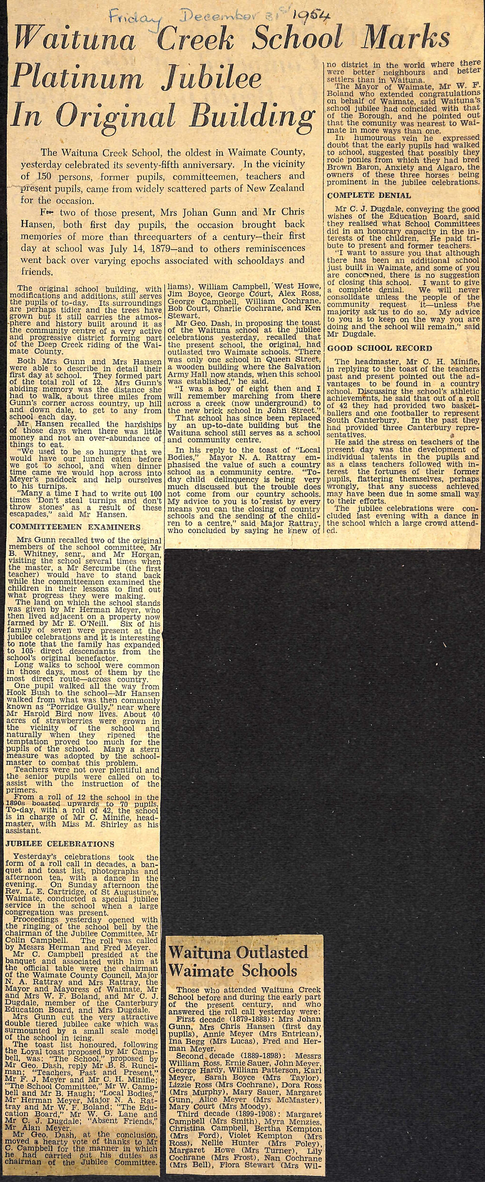 Waituna Creek School Marks Platinum Jubilee In Original Building