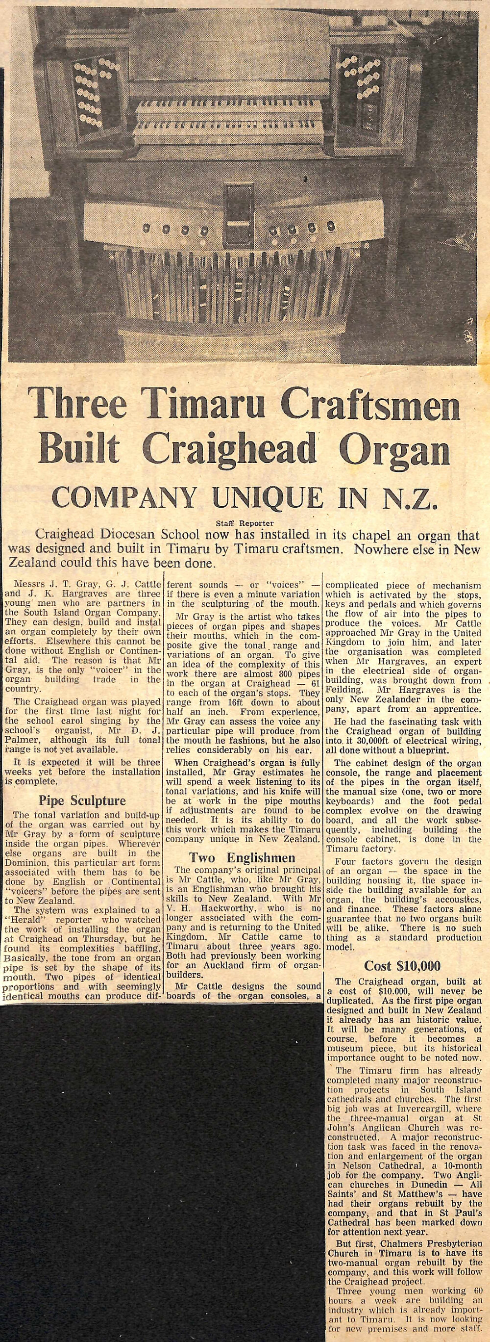 Three Timaru Craftsmen Built Craighead Organ, Company Unique in NZ ...