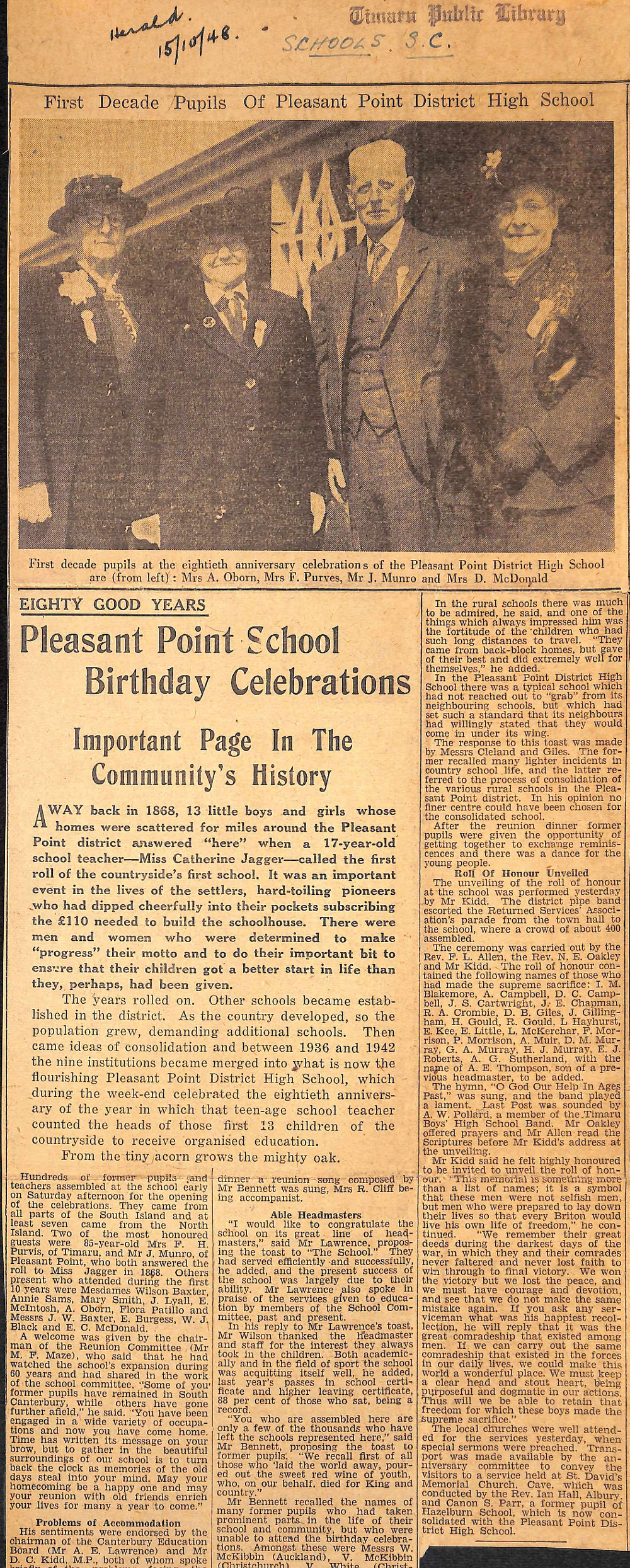 Eighty Good Years: Pleasant Point School Birthday Celebrations