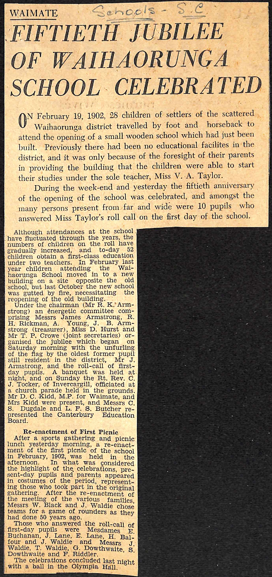 Fiftieth Jubilee Of Waihaorunga School Celebrated