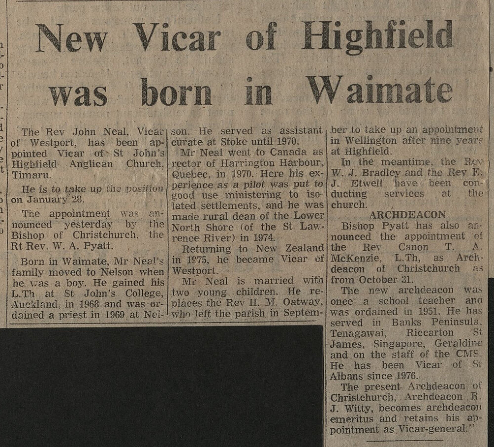 New Vicar of Highfield was born in Waimate