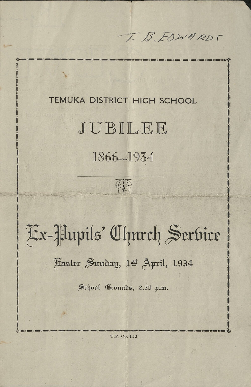 Temuka District High School Jubilee 1866-1934 Ex-Pupils Church Service