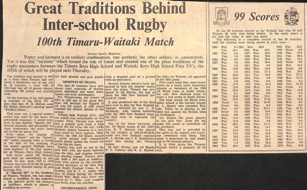 Great Traditions Behind Inter-school Rugby, 100th Timaru-Waitaki Match