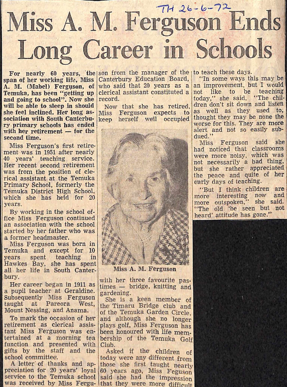 Miss A M Ferguson Ends Long Career in Schools