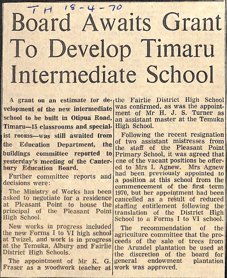 Board Awaits Grant To Develop Timaru Intermediate School