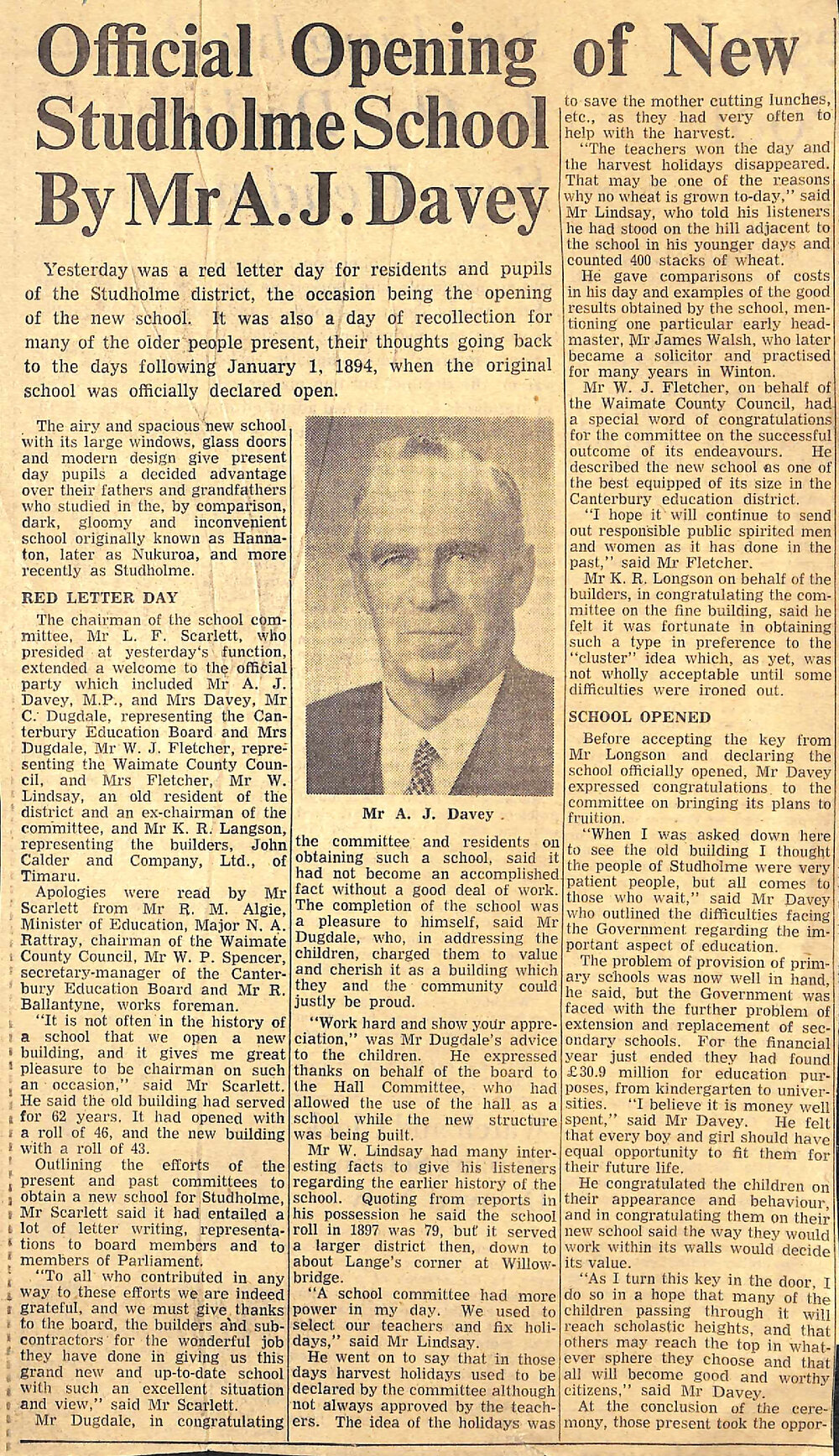 Official Opening of New Studholme School By Mr A J Davey