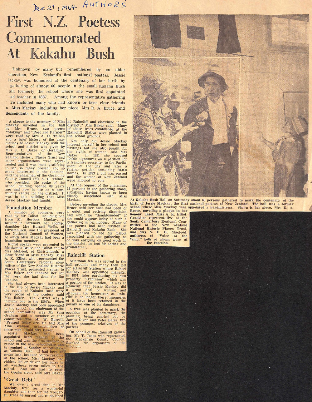 First NZ Poetess Commemorated At Kakahu Bush