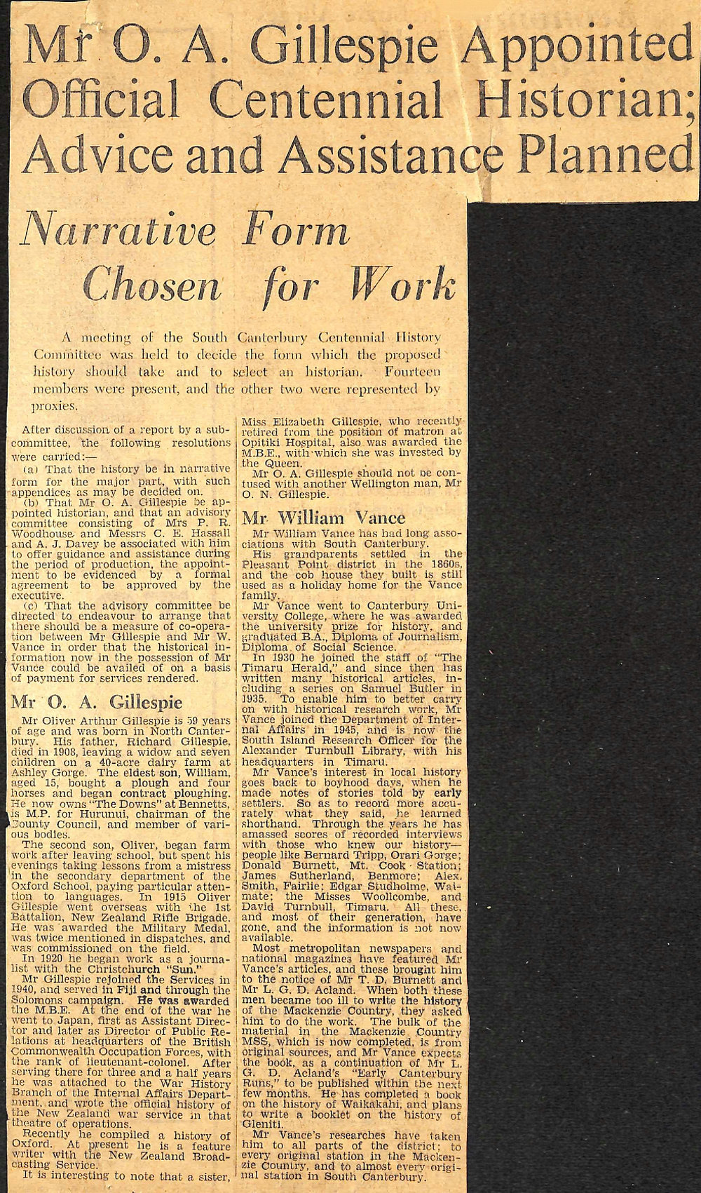 Mr O A Gillespie Appointed Official Centennial Historian; Advice and Assistance Planned / Committee's Official Statement