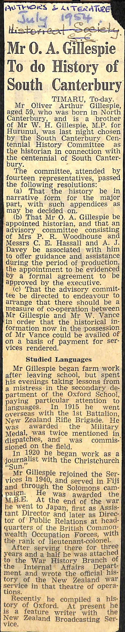 Mr O A Gillespie To do History of South Canterbury