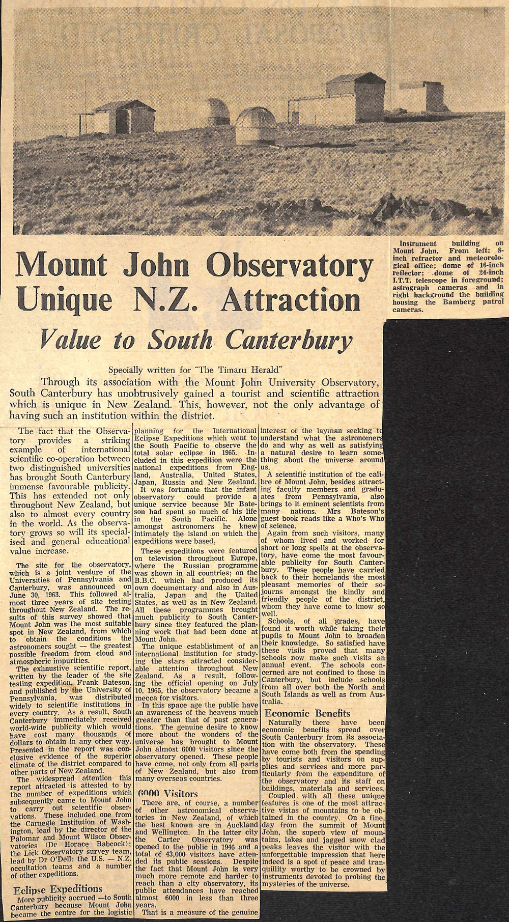 Mount John Observatory Unique NZ Attraction, Value to South Canterbury
