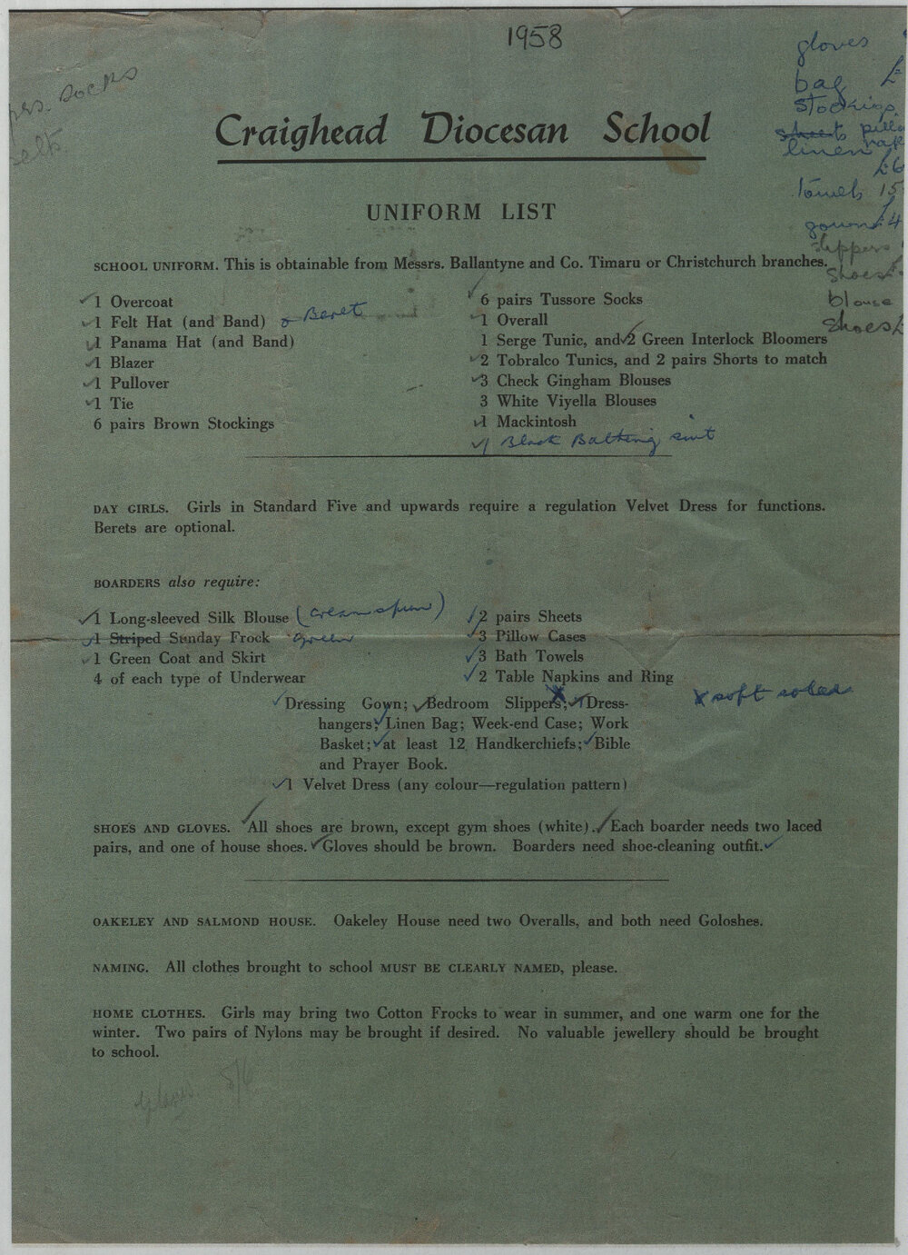 Craighead uniform list 1958