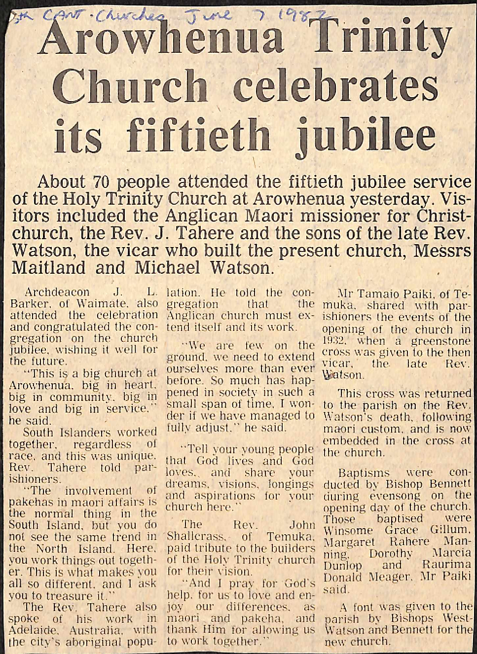 Arowhenua Trinity Church celebrates its fiftieth jubilee