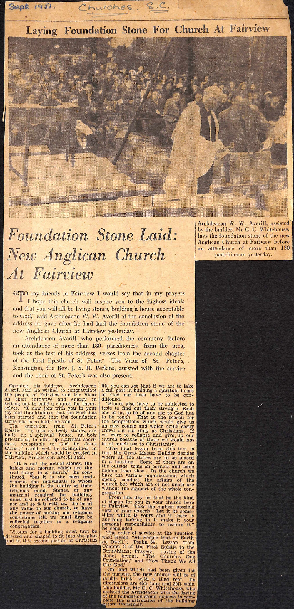 Foundation Stone Laid: New Anglican Church At Fairview