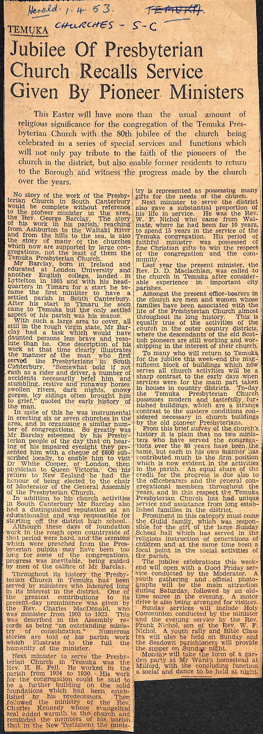 Temuka: Jubilee Of Presbyterian Church Recalls Service Given By Pioneer Ministers