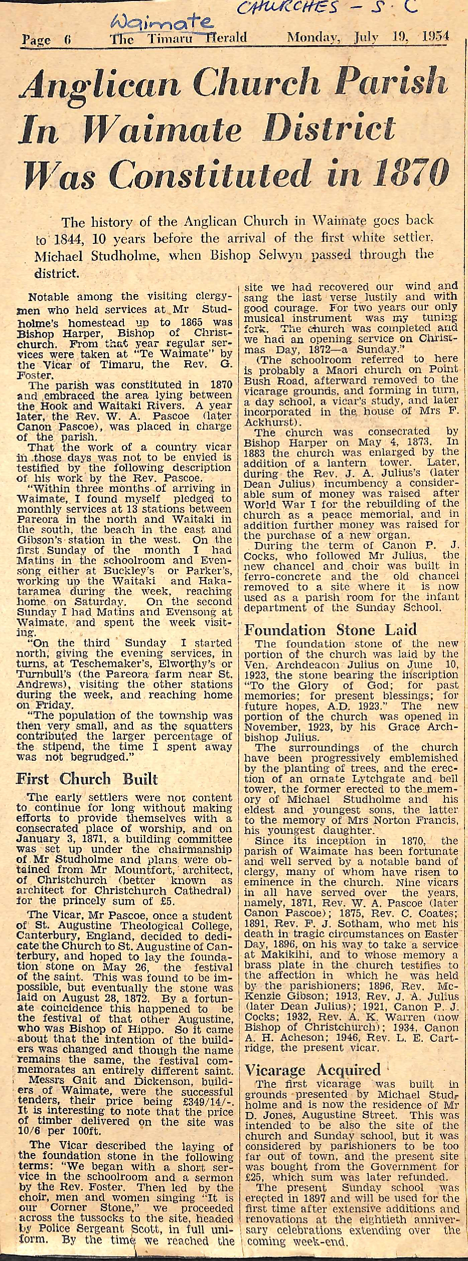 Anglican Church Parish In Waimate District Was Constituted in 1870