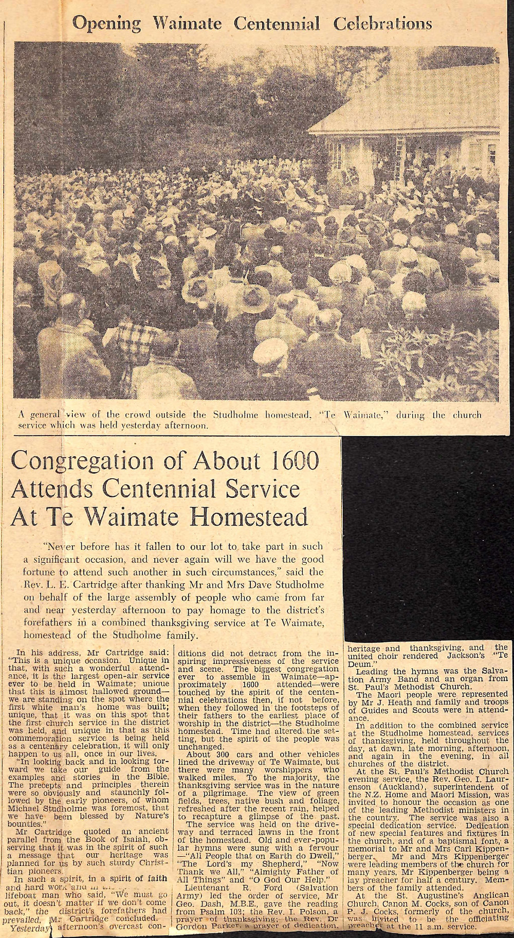 Congregation of About 1600 Attends Centennial Service At Te Waimate Homestead