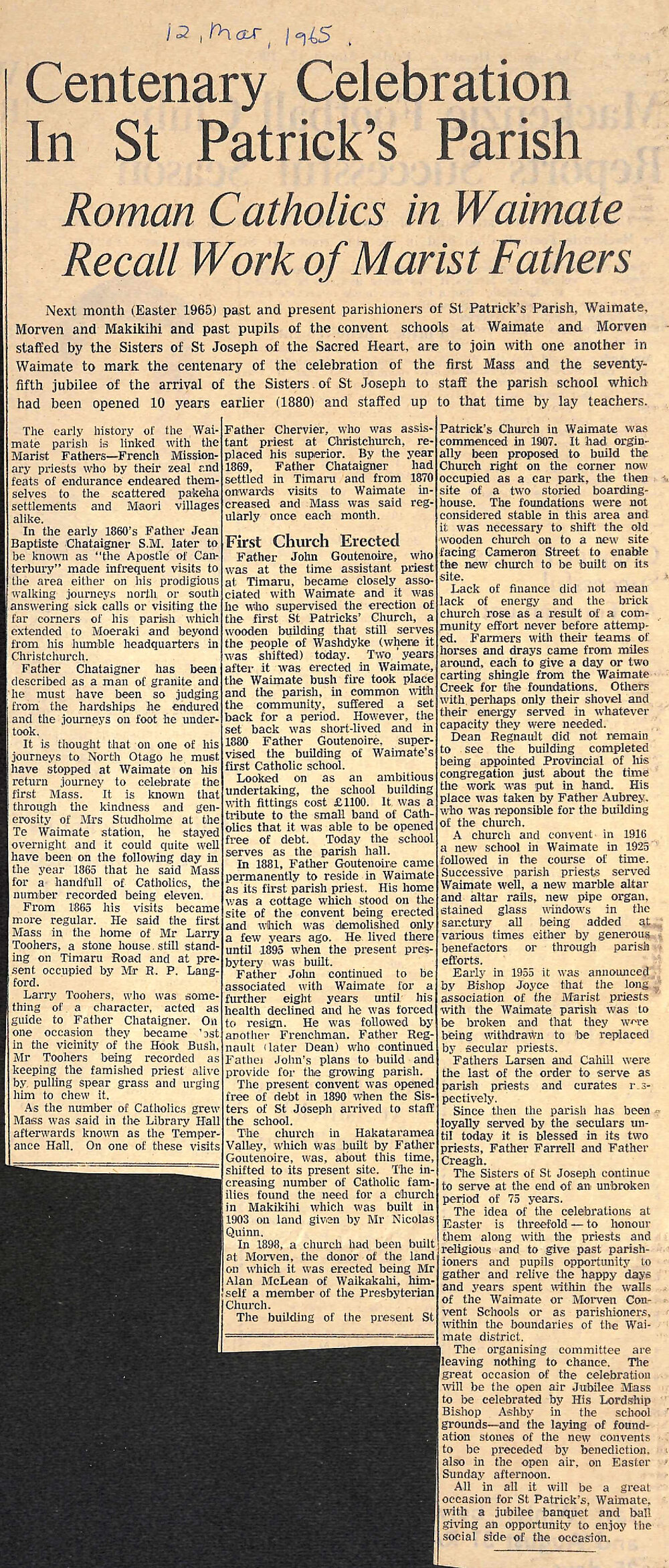 Centenary Celebration In St Patrick's Parish, Roman Catholics in Waimate Recall Work of Marist Fathers