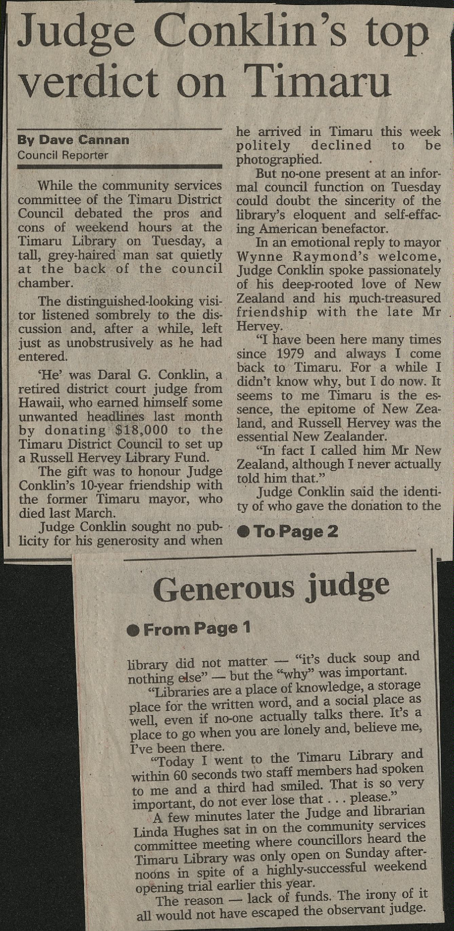 Judge Conklin's top verdict on Timaru / Generous judge