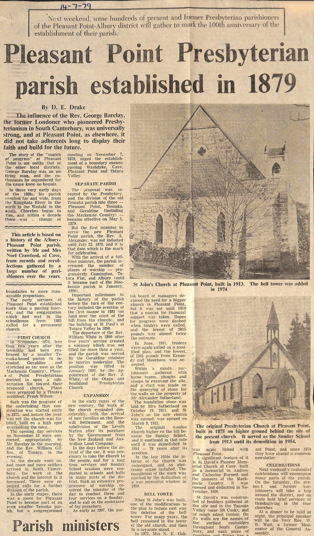 Pleasant Point Presbyterian parish established in 1879