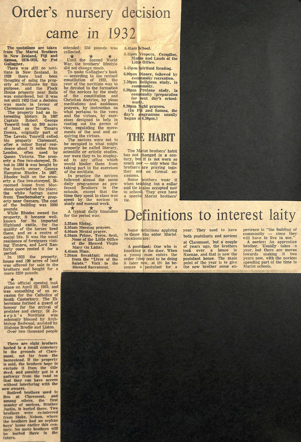 Order's nursery decision came in 1932 / The habit / Definitions to interest laity