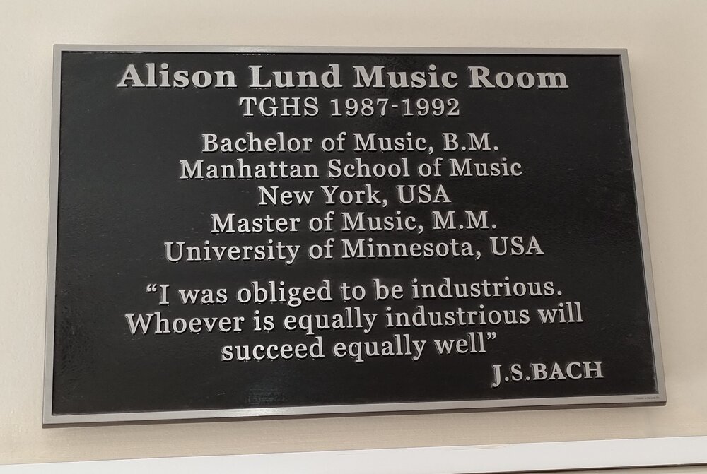 Alison Lund Music Room plaque TGHS
