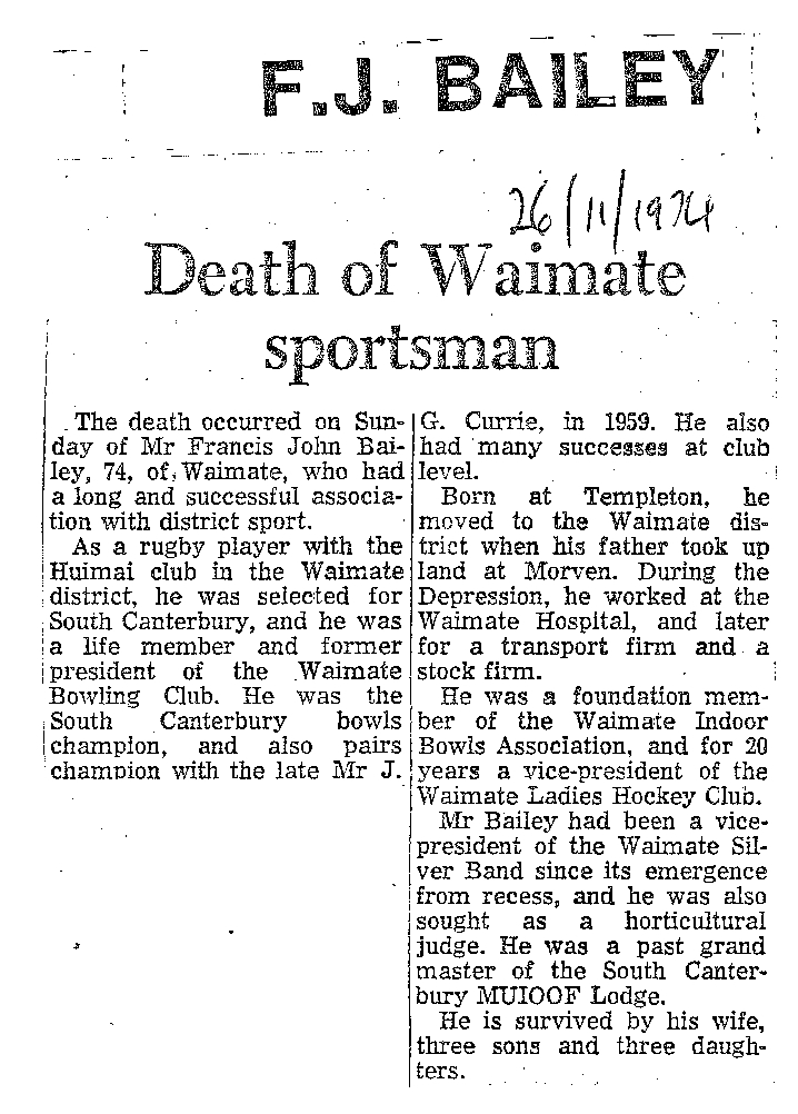 Obituary: F J Bailey, Death of Waimate sportsman