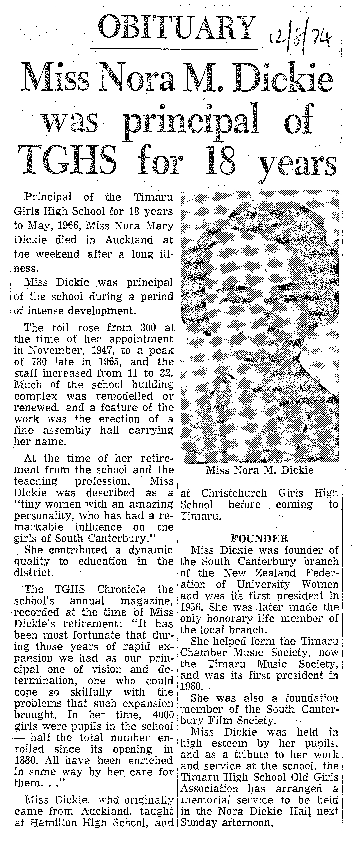 Obituary: Miss Nora M Dickie, Principal of TGHS for 18 years