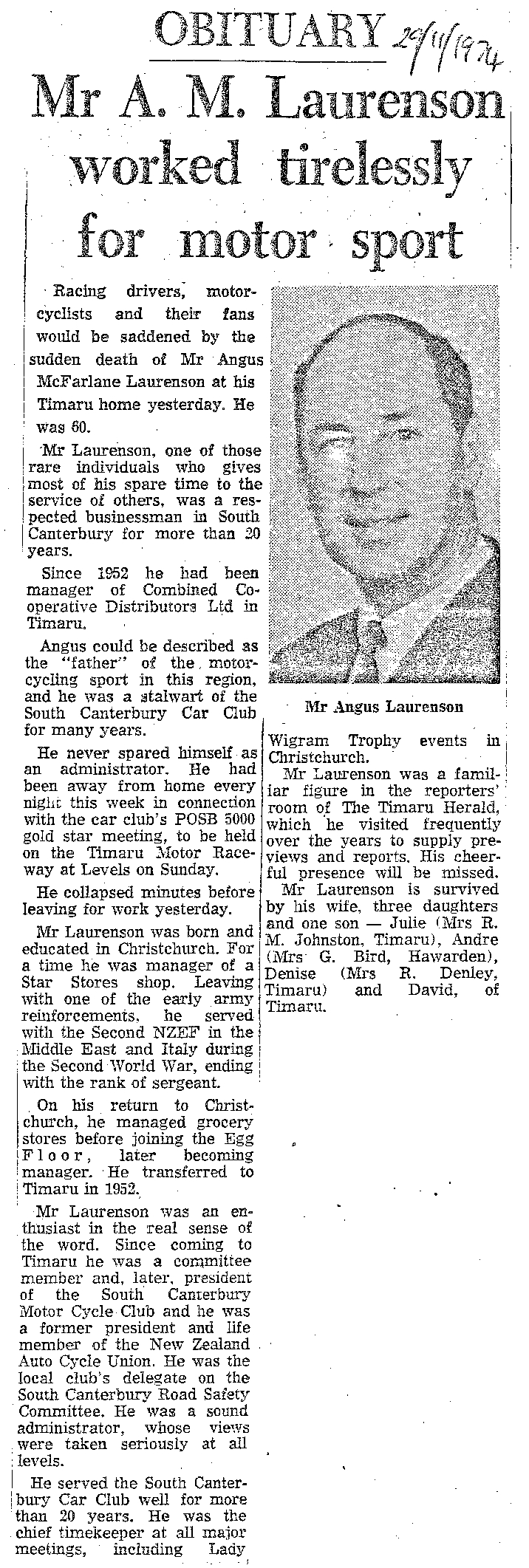 Obituary: Mr A M Laurenson worked tirelessly for motor sport