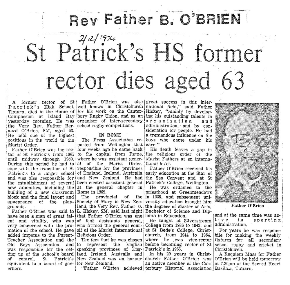 Obituary: Rev Father B O'Brien, St Patrick's HS former rector dies aged 63