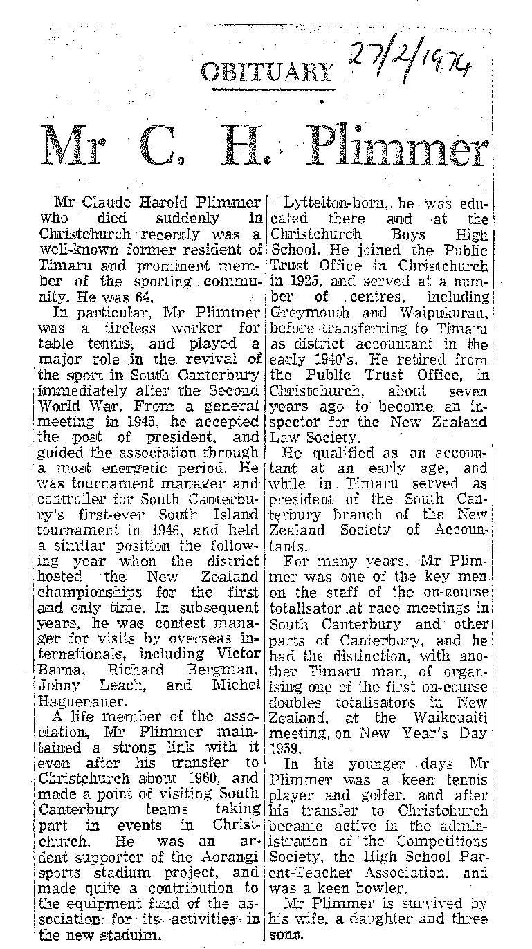 Obituary: Mr C H Plimmer