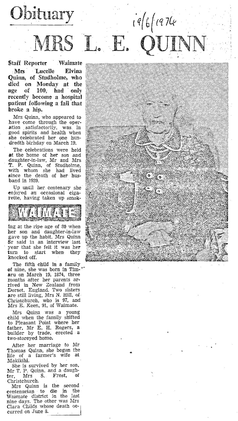 Obituary: Mrs L E Quinn
