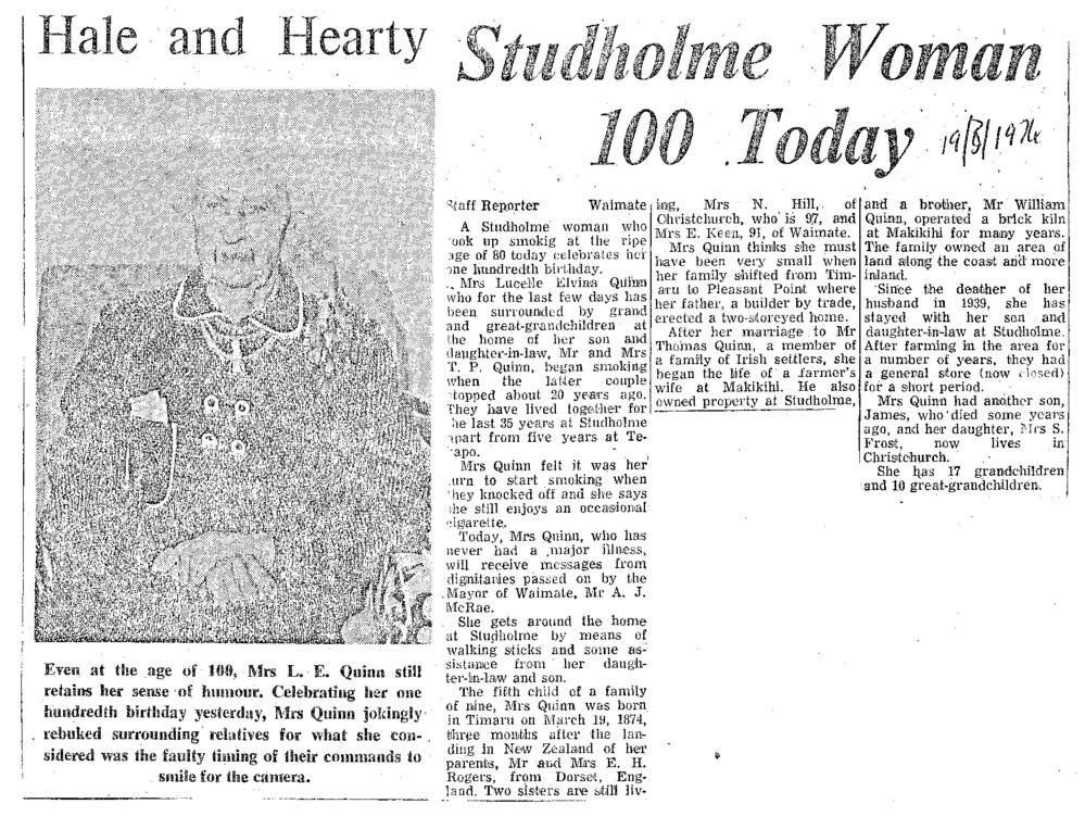 Obituary: Mrs L E Quinn, Studholme woman 100 today