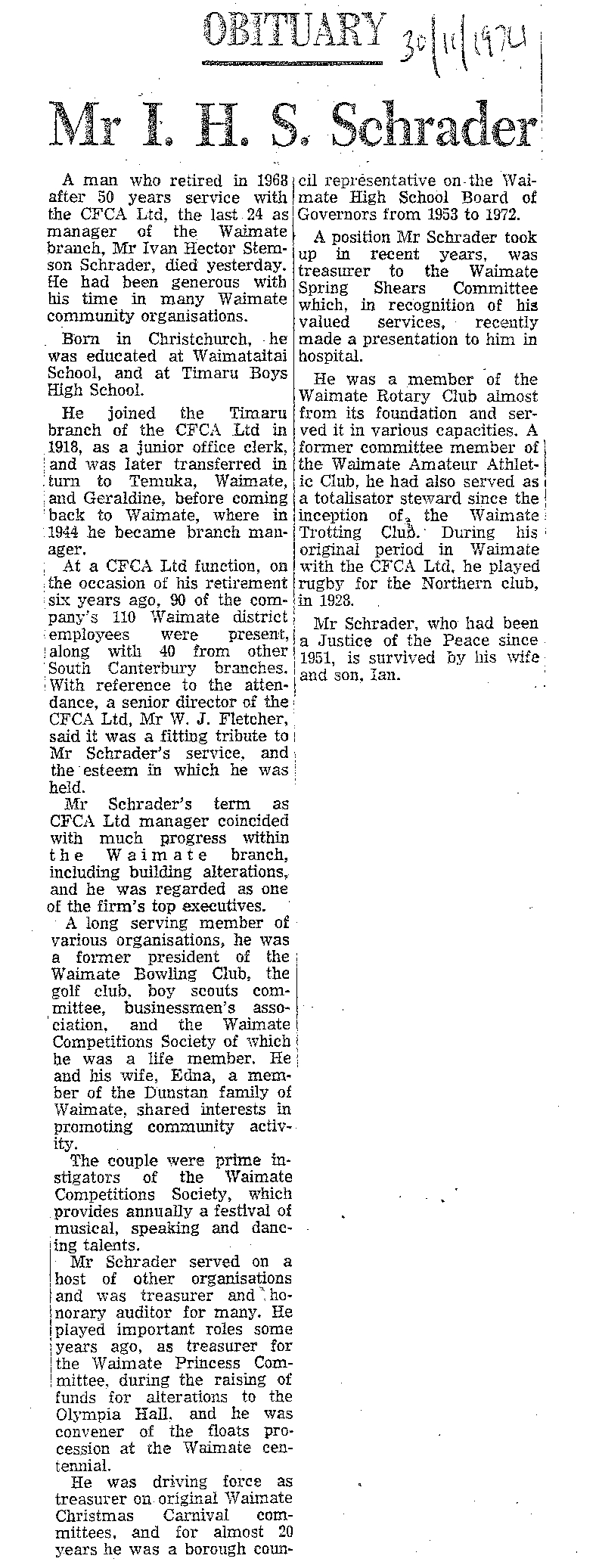 Obituary: Mr I H S Schrader