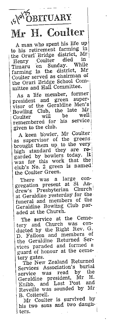 Obituary: Mr H Coulter