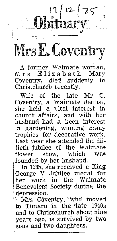 Obituary: Mrs E Coventry