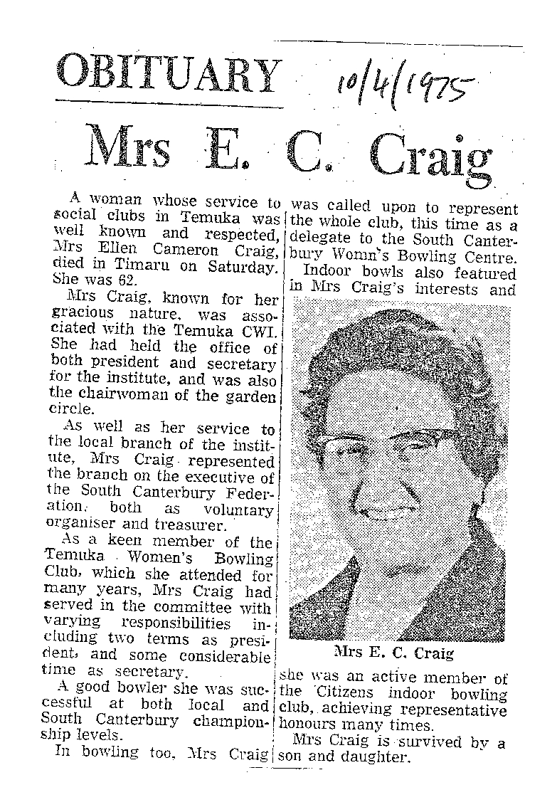 Obituary: Mrs E C Craig