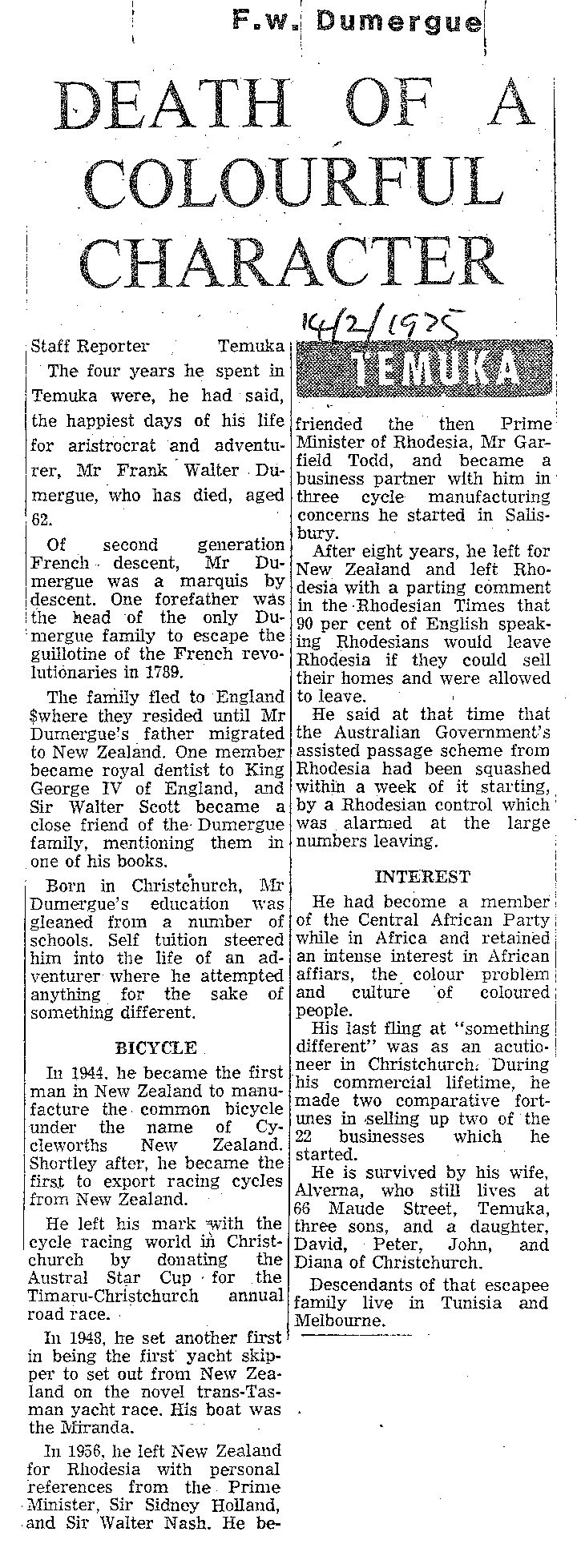 Obituary: F W Dumergue, death of a colourful character