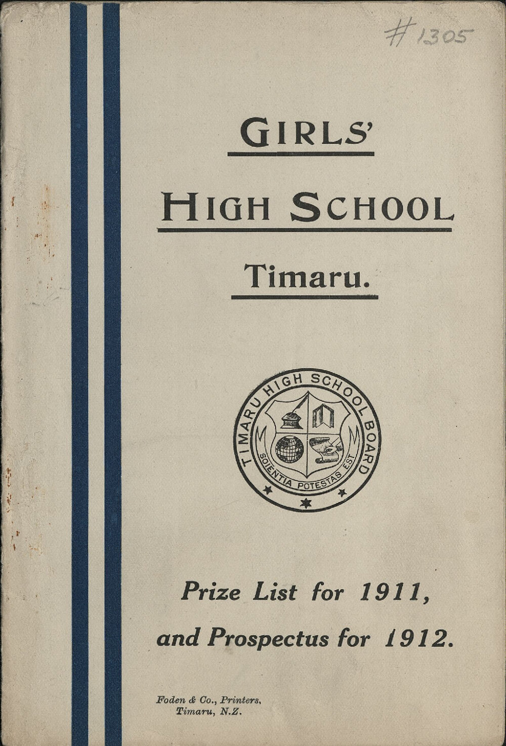 Timaru Girls High School Prize List for 1911 and Prospectus for 1912