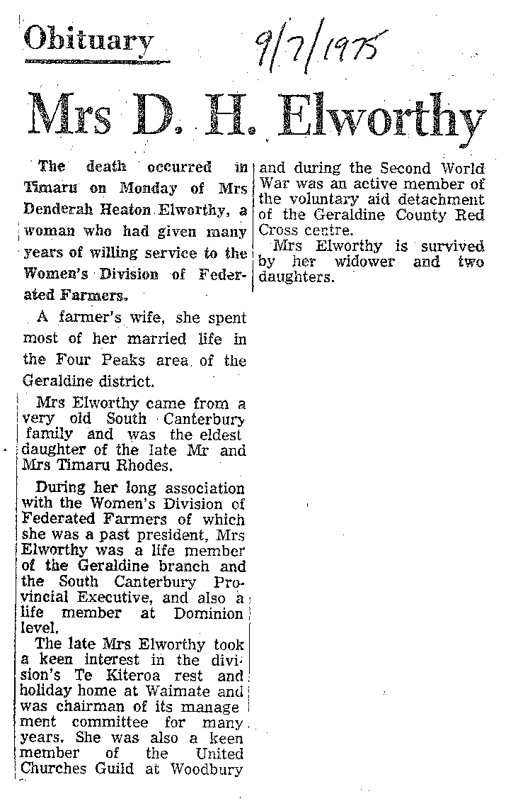 Obituary: Mrs D H Elworthy