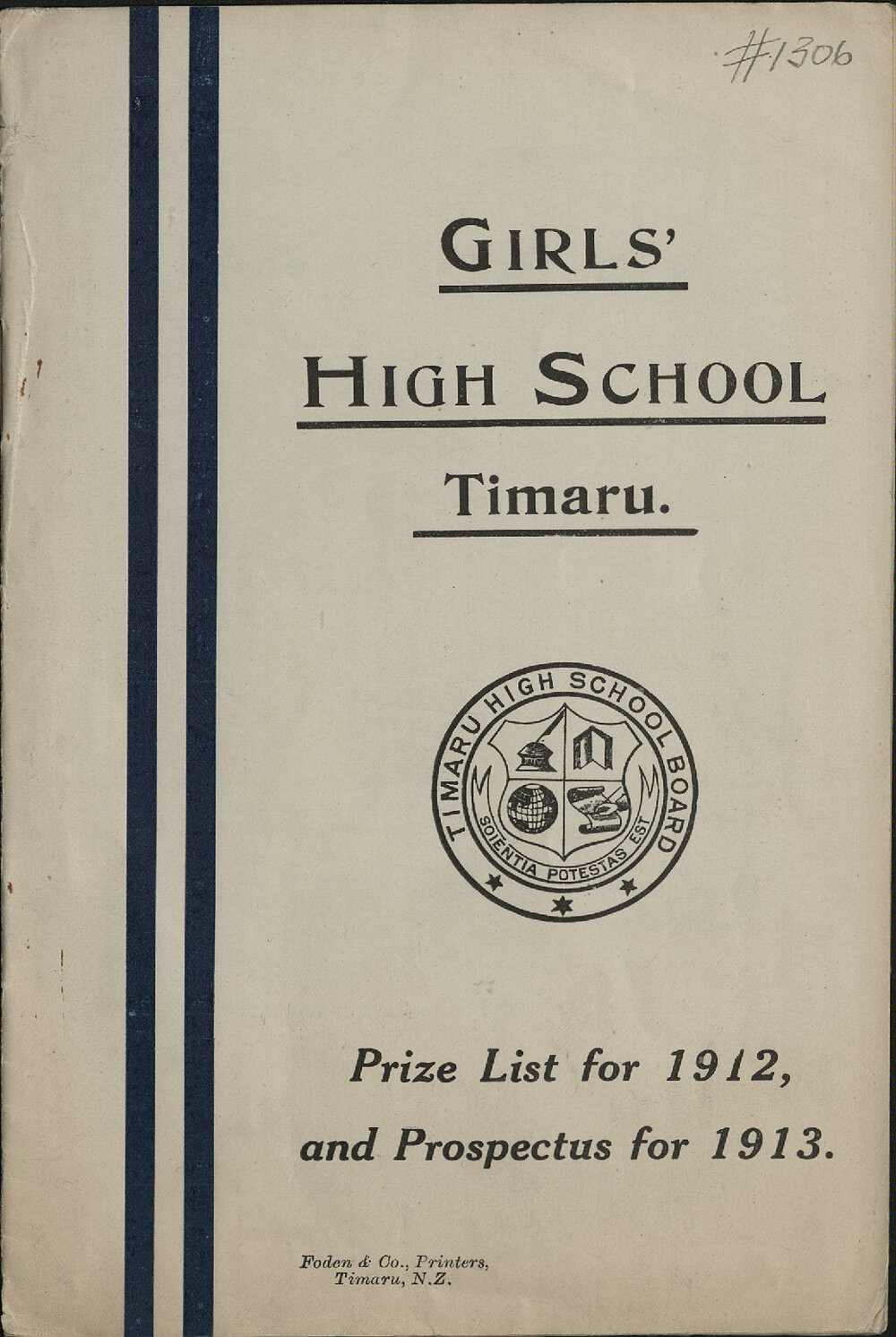Timaru Girls High School Prize List for 1912 and Prospectus for 1913