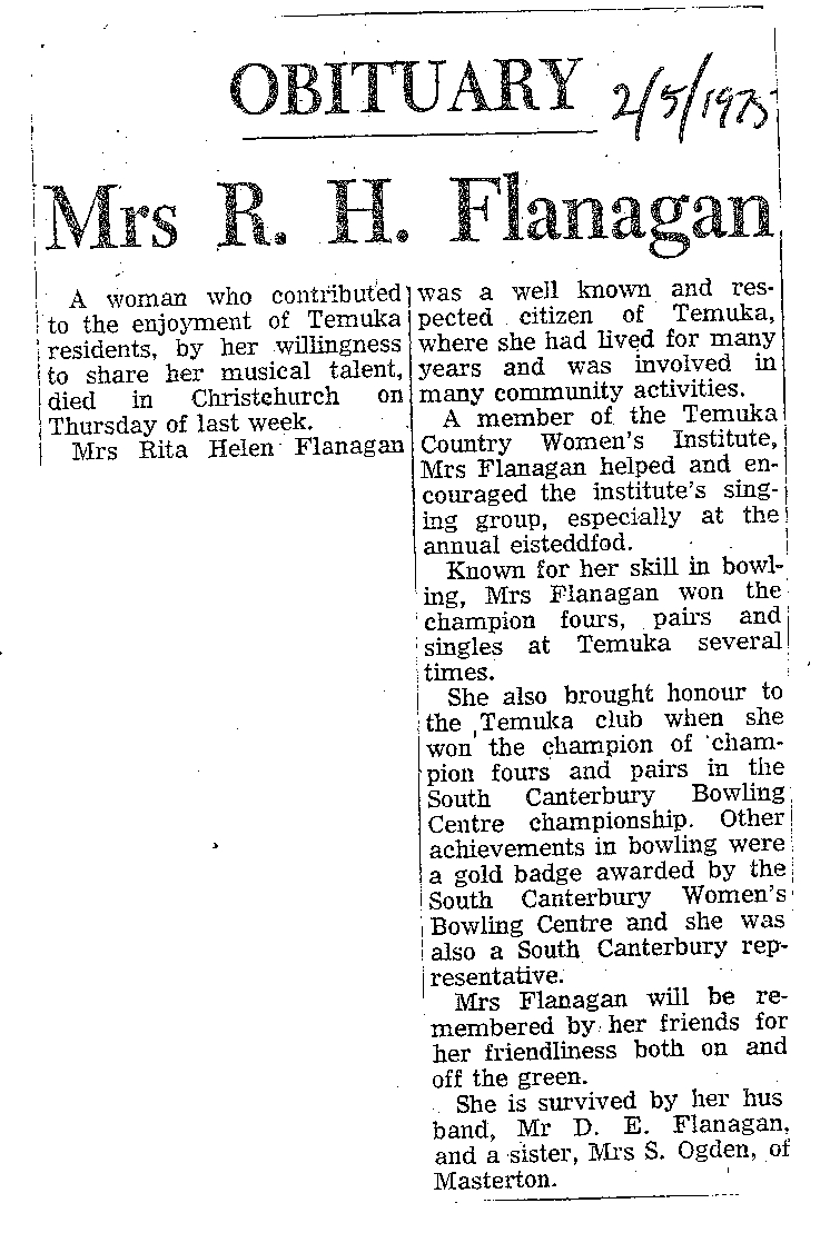 Obituary: Mrs R H Flanagan