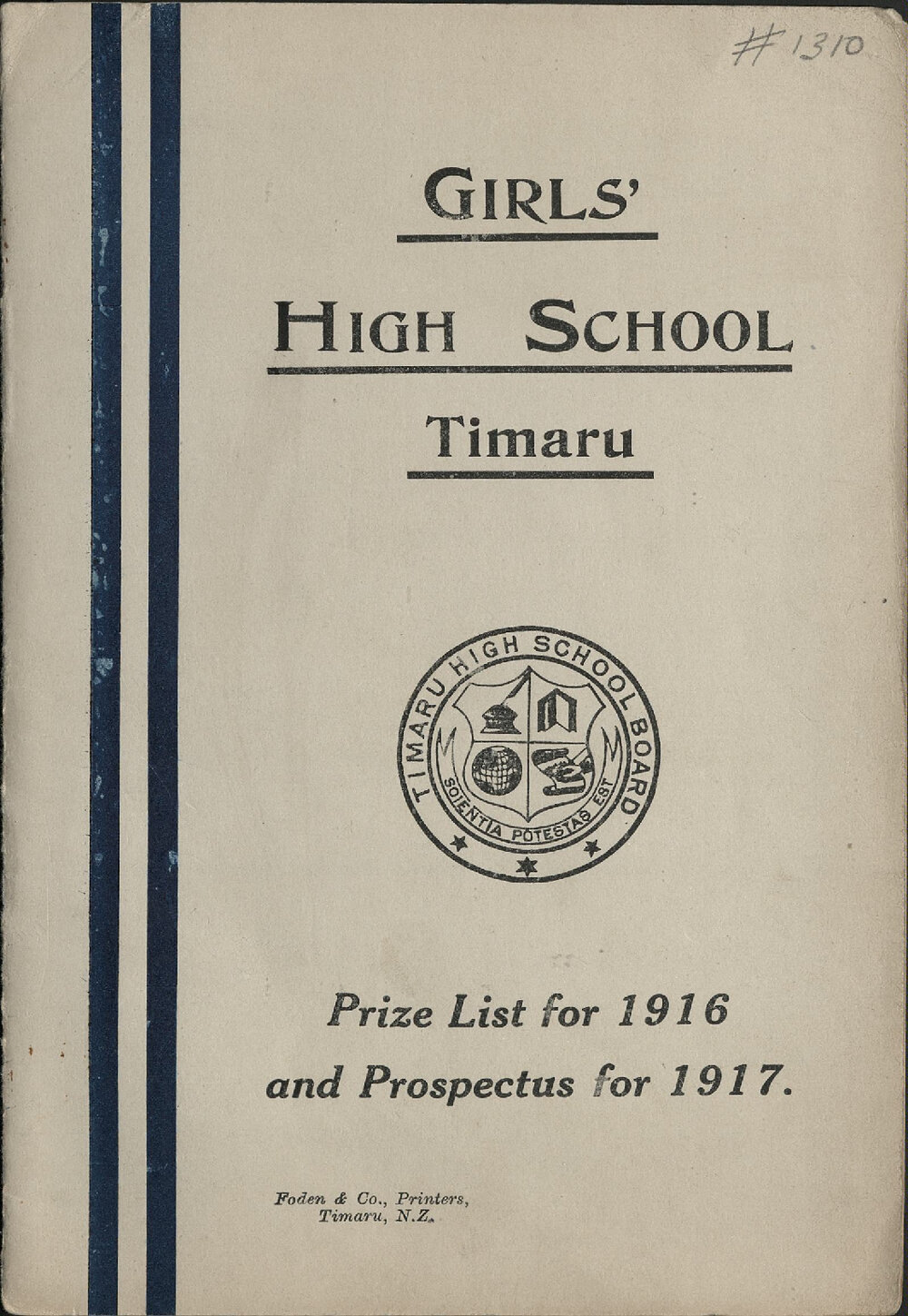 Timaru Girls High School Prize List for 1916 and Prospectus for 1917
