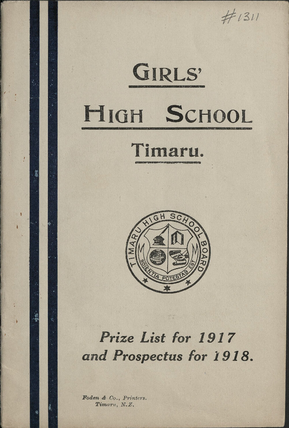 Timaru Girls High School Prize List for 1917 and Prospectus for 1918