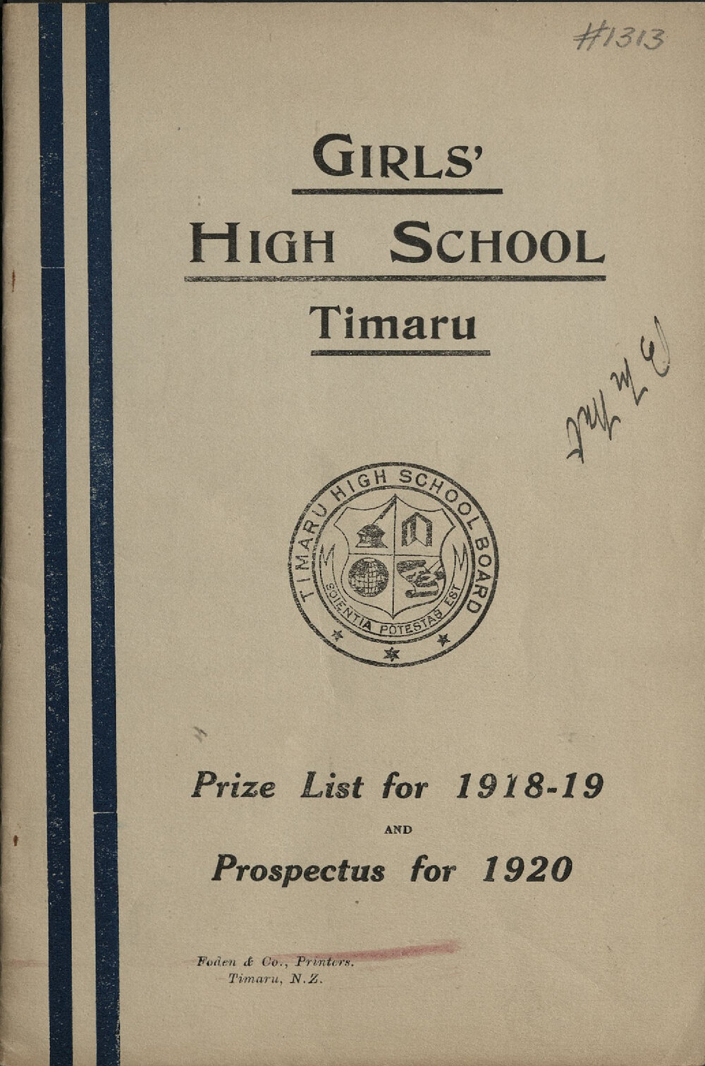 Timaru Girls High School Prize List for 1918/1919 and Prospectus for 1920