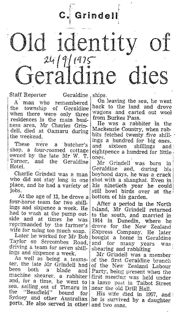 Obituary: C Grindell, Old identity of Geraldine dies