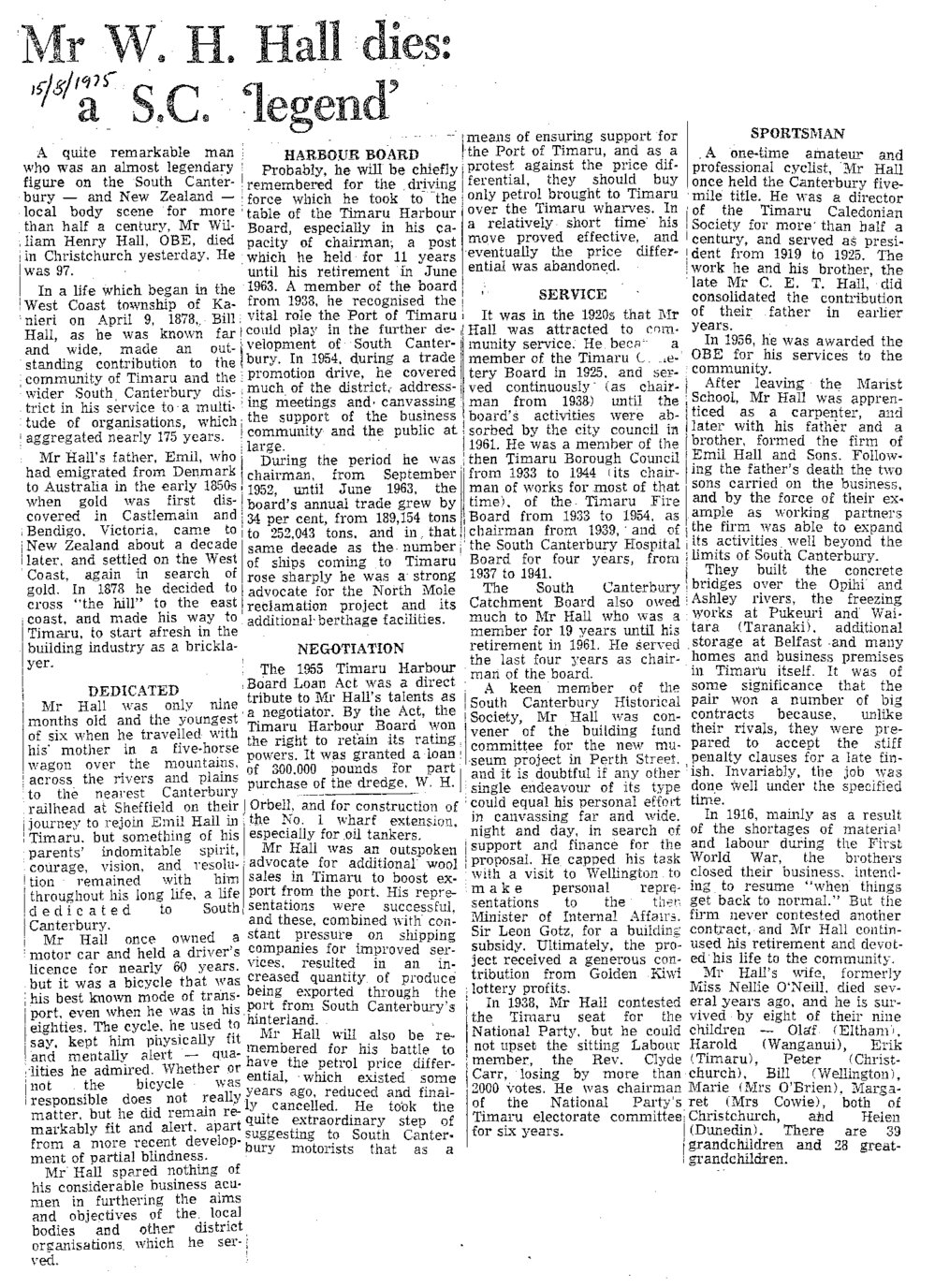 Obituary: W H Hall dies: a S.C. 'legend'