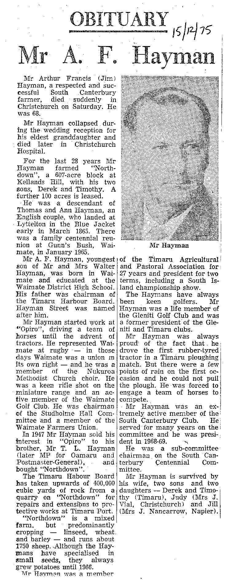 Obituary: Mr A F Hayman