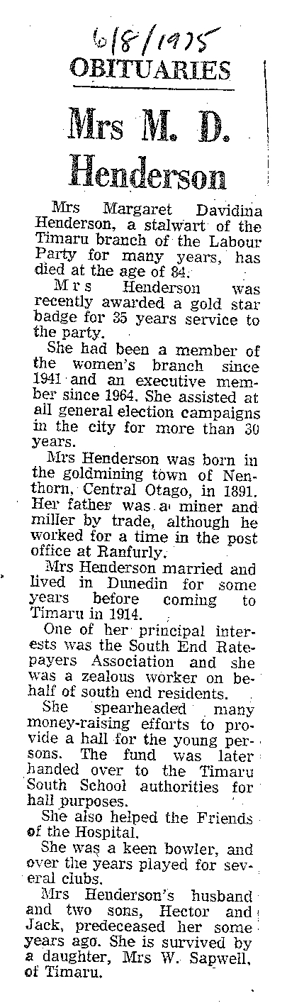 Obituary: Mrs M D Henderson
